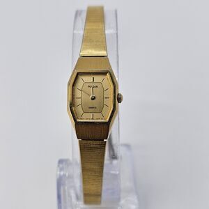 VTG Women's Pulsar Seiko Watch 15MM Gold Dial Gold Bracelet 6.75"‎ New Battery